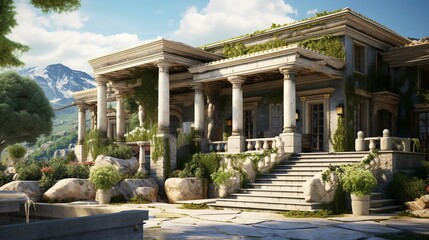 A photo of a double-story villa with stone pillars. ,