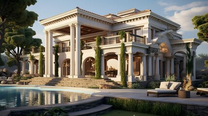 A photo of a double-story villa with stone pillars. ,
