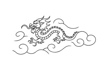 Elegant Line Art Chinese Dragon Soaring Through Clouds