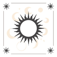 Celestial boho design with sun, moon phases and stars with a space for text. Perfect for labels, cards, posters and designs in bohemian style. Dark sun on light background.