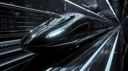 high-speed rail with symmetrical design elements, captured in black and white with glowing lines, reminiscent of Tron Legacy's futuristic world.
