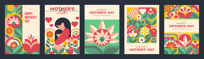 Mother day. Happy mom flower pattern, geometric child card or baby poster, love and cute family gift. Minimal summer botanical elements, cartoon flat isolated illustration Vector background