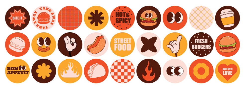Food stickers. Retro burger characters, fast hamburger and coffee restaurant doodles. Groovy drinks. Fastfood menu emblems and labels for food packaging. Vector cartoon design illustration