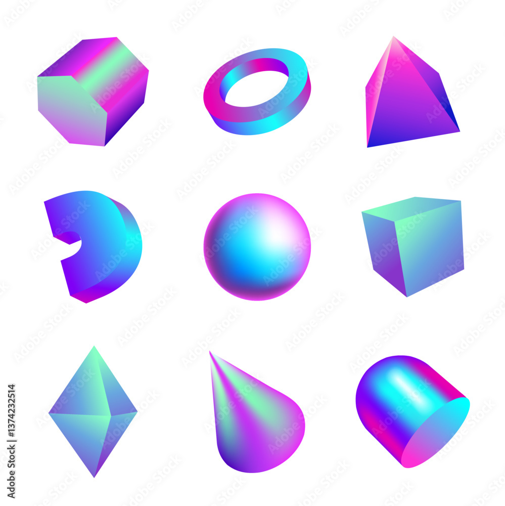 Poster Gradient 3D shapes. Abstract geometric figures. Iridescent render blocks. Glossy cube and sphere. Shine tubes. Pyramid or cone structure. Foil hemisphere. Vector isolated forms set