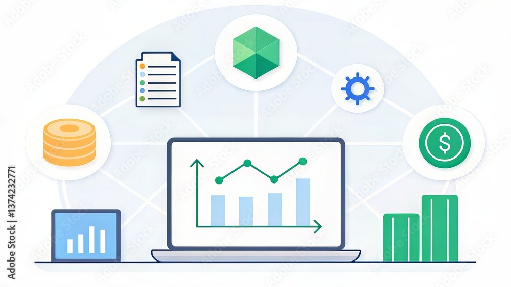 Poster A graphic featuring a laptop displaying growth charts, surrounded by icons representing data, finance, and analytics.