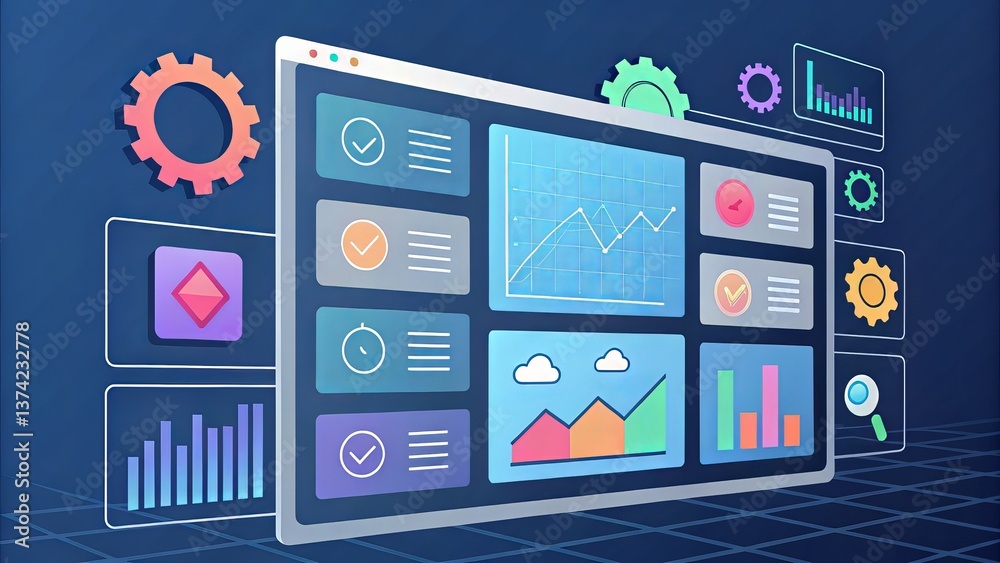 Poster a digital dashboard displaying charts, graphs, and controls, emphasizing data visualization and anal