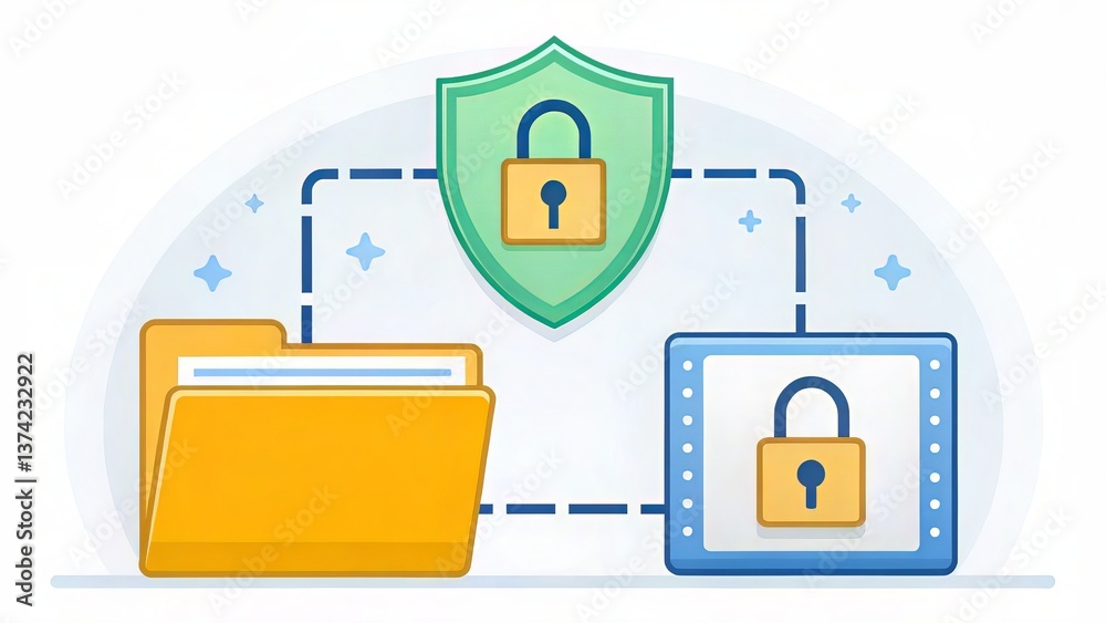 Aufkleber a graphic illustrating digital security, featuring a shield, locked files, and a secure data transfe