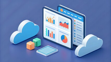 A digital illustration showing cloud storage, data analytics dashboards with graphs, and colorful blocks, representing modern technology and data management.