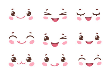 Vector illustration of different kawaii cartoon faces with eyes, cheeks and smiles