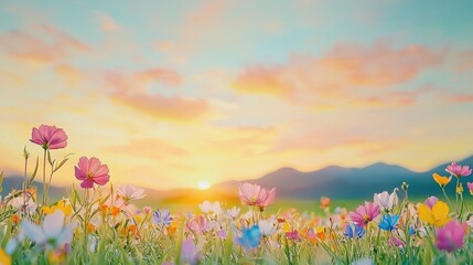 Fototapeta premium Colorful flowers bloom under a serene sunset, creating a peaceful landscape.