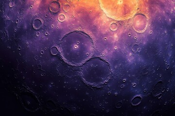 Colorful, atmospheric depiction of moon surface with craters.