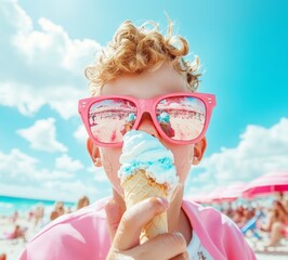 blond kid in pink wearing pink sunglasses  with a surreal reflection of beach scene  and eating blue and white ice cream on cone. Blurred sandy beach and people in the background