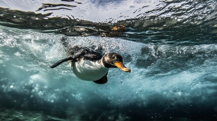 Obraz premium A gentoo penguin gracefully glides through the cool ocean water, showcasing its sleek, streamlined body. Its orange beak contrasts vibrantly with its black and white plumage.