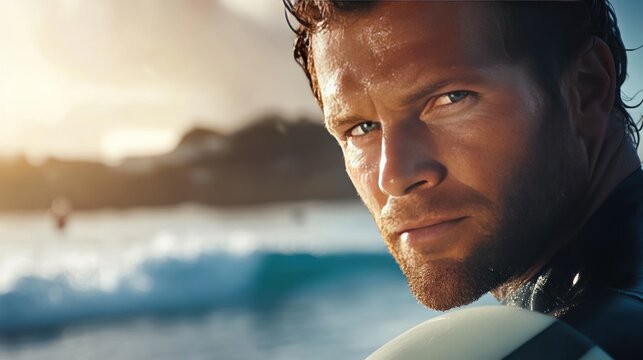 a surfer with a determined look stares directly at the camera, with the ocean and a golden sunset behind him