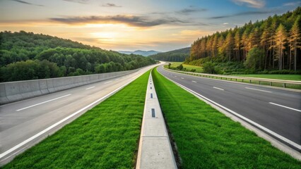 Fototapeta premium Scenic Highway Surrounded by Lush Green Forest and Majestic Mountains at Sunset with Vibrant Sky