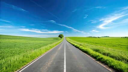 Scenic Countryside Road Through Lush Green Fields Under Bright Blue Sky with Wispy Clouds