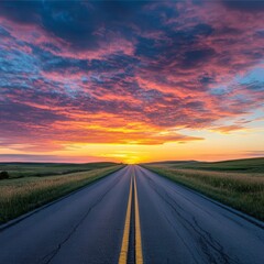 Naklejka premium Serene Landscape with Open Road and Stunning Sunset Skies