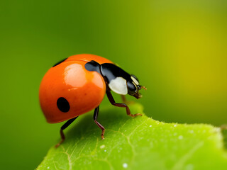 Fototapeta premium Macro Photography of a Ladybug on a Green Leaf Detailed Close-Up of a Coccinellidae Insect.