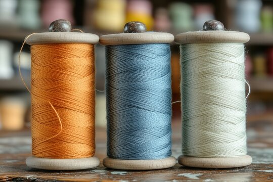 Close-up of three wooden spools holding orange, blue, and white threads in a rustic setting.