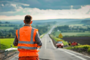Fototapeta premium Road Traffic Technician Working on Site Ensuring Safety