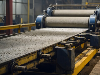 Industry Precision: An industrial machine meticulously processes raw materials on a conveyor belt in a factory environment, the machinery stands as a symbol of industry. 