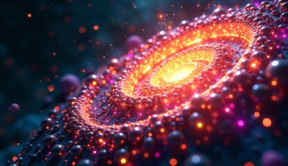 Abstract glowing sphere swirl of red and orange balls. The sphere is surrounded by a dark blue background