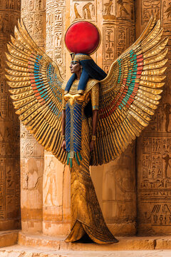 Isis, winged ancient Egyptian goddess, with Eye of Ra sun disk, vertical