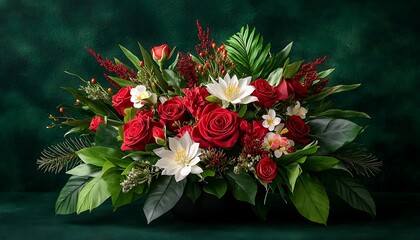 Red roses with white flowers, and dark green background.