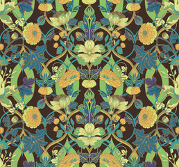 Vintage seamless floral pattern in damask style. For textiles, wallpaper, packaging.