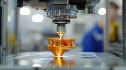 3D printing technology is showcased with high tech printer creating intricate orange component, highlighting advanced engineering and innovation in manufacturing