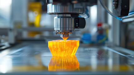 3D printing technology is showcased with high tech printer creating intricate orange object. scene captures precision and innovation of modern engineering in laboratory setting
