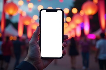 Close-up of hand holding phone showing festival entrance , day, entertainment