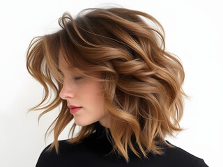 Obraz premium Stylish Woman with Brown Wavy Hair and Subtle Highlights Beauty and Haircut Inspiration.
