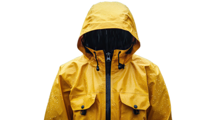 Weatherproof Comfort: Close-up of a stylish yellow rain jacket, offering protection and a vibrant appeal against the elements, embodying preparedness and comfort.