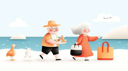 An elderly couple enjoying a beach day, with the man holding snacks and the woman carrying a bag, accompanied by seagulls.