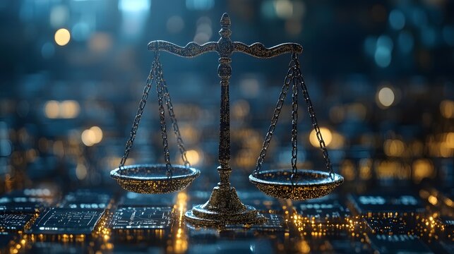 A concept of fair use with a balanced scale and digital assets on each side