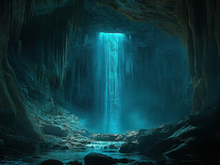Photograph of an ice cave in the mountains with blue water, a view from inside to the outside with snowy peaks and glaciers in the background