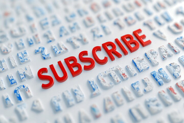 Red subscribe word standing out from other letters and symbols forming a conceptual image