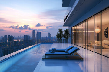 Fototapeta premium Luxury penthouse balcony with an infinity pool, lounge chairs, and a panoramic skyline view.