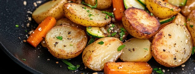 Close-up of roasted potatoes, carrots, and zucchini showcases their golden texture and rich flavors, perfect for enhancing any meal