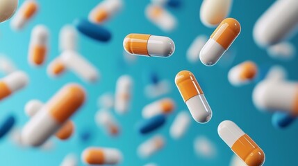 Yellow pink and blue pills and capsules arranged diagonally on vibrant cyan background representing playful pharmaceutical composition dosage pattern and modern medicine visual identity