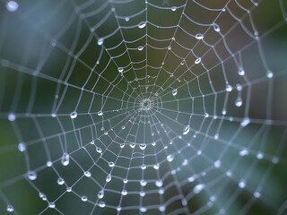 Obraz premium Dew-Kissed Spider Web Close-up, Nature's Delicate Architecture, Water Droplets Macro.