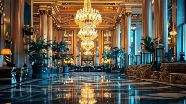 A luxurious hotel lobby with grand chandeliers and polished marble floors digital