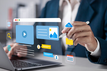 Educational web seminar concept. Businessman using laptop to online education training and E-learning webinar. internet classes, Professional character personal teacher service.