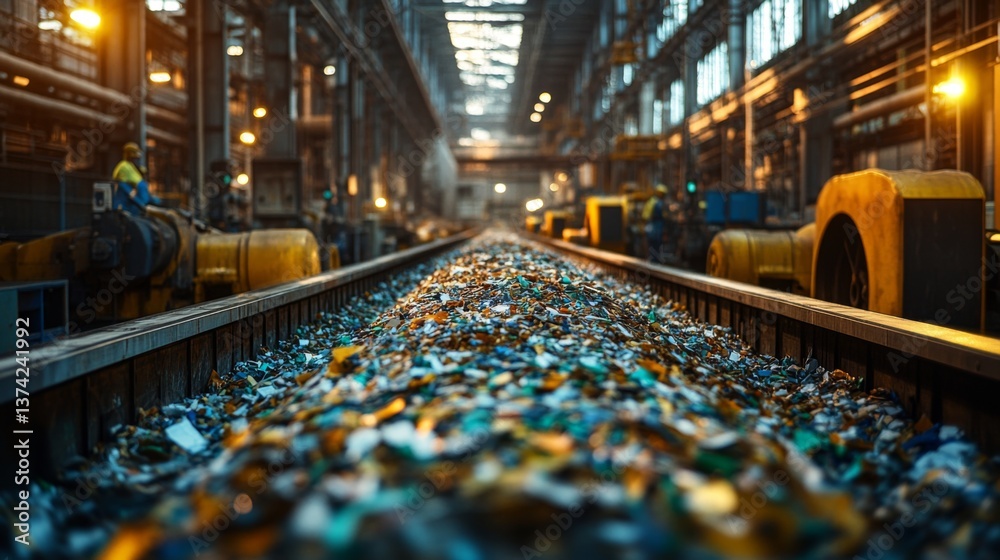 Poster Workers are actively sorting and processing a mix of recyclable materials in a spacious logistics warehouse. Equipment and machinery operate efficiently under bright lighting.