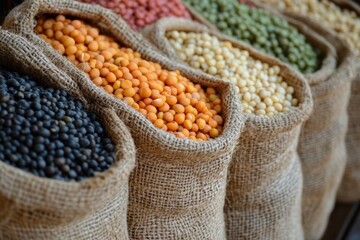 Assortment of Colorful Dried Legumes in Burlap Sacks Close Up Shot in Natural Light for Healthy Diet and Vegan Food Preparation