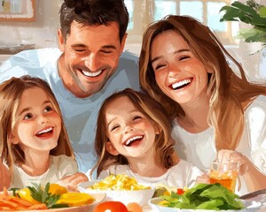 Family enjoying a healthy breakfast together in a bright, sunny kitchen, showcasing happiness and togetherness This image captures the essence of a modern family dynamic, emphasizing healthy eating