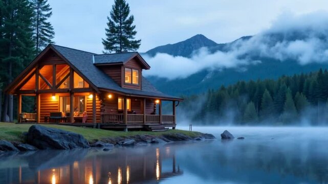Cozy cabin by the misty lake at dusk surrounded by mountains  