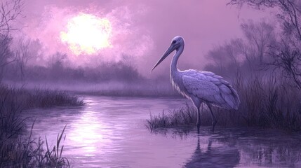 A prehistoric-looking Shoebill stork standing in African wetlands, stormy purple sky, razor-sharp beak, eerie stillness, hyper-detailed feathers, mist rising from marshes 