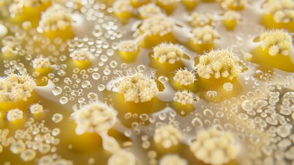 Aerial view of Venusian sulfuric acid clouds with glowing volcanic landscapes, extreme close-up of hypothetical microbial lifeforms in amber droplets. Astrobiology and extraterrestrial life concepts,